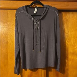 Lace-Up Hooded Long-Sleeve Top - Charcoal